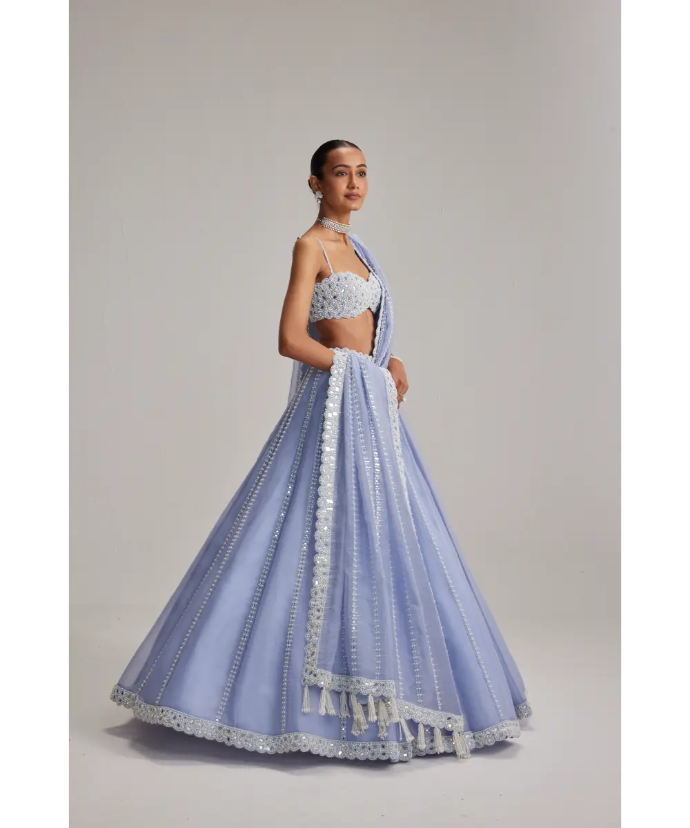 VVANIVATS- Dew Blue linear Mirror Organza Lehenga Set